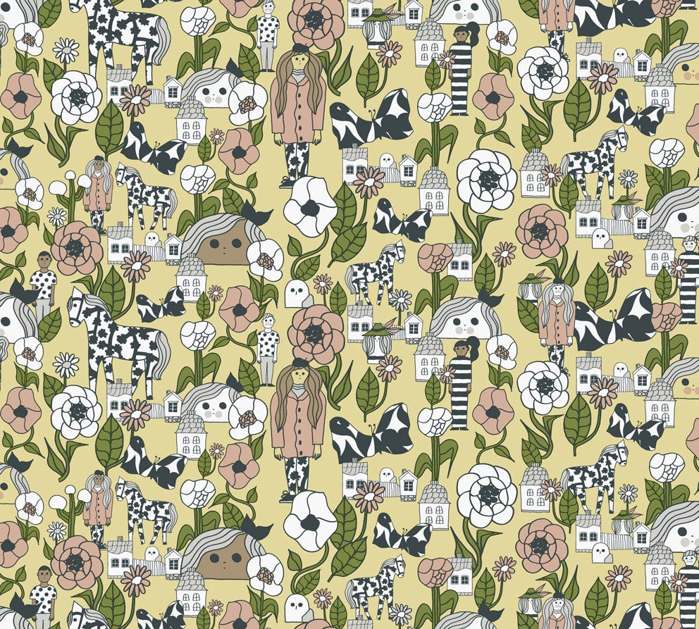 Marimekko Marikyla, gul och grön tapet