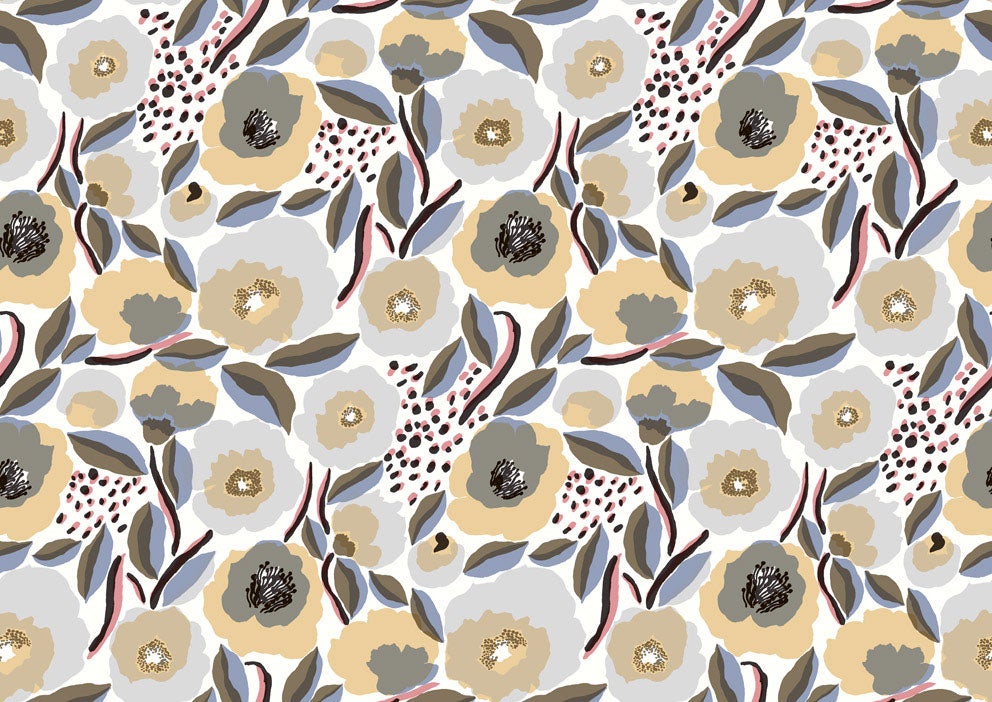 Marimekko Rosarium, beige och blå tapet