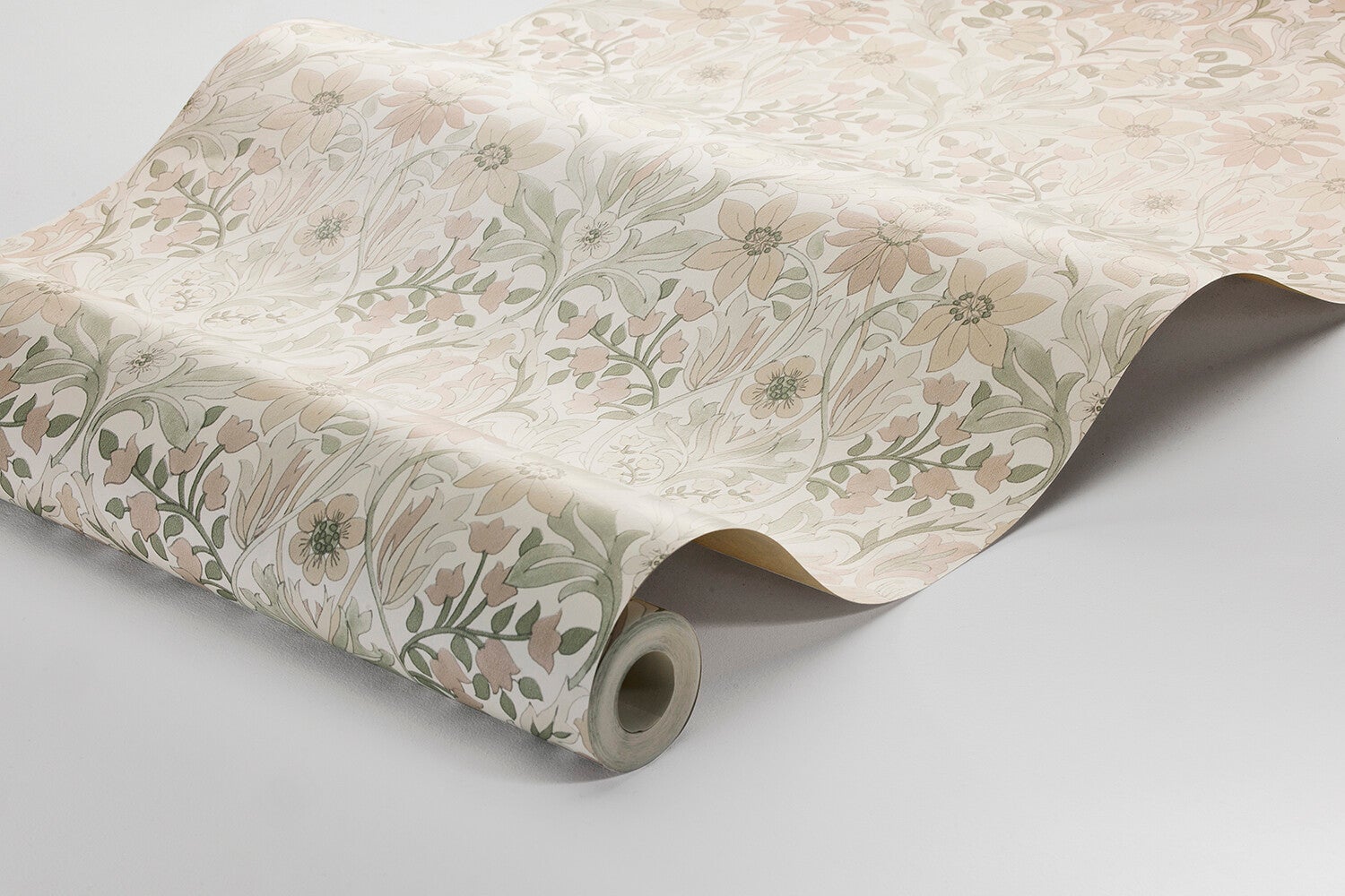 Blomsterfröjd, vit, beige och grön tapet
