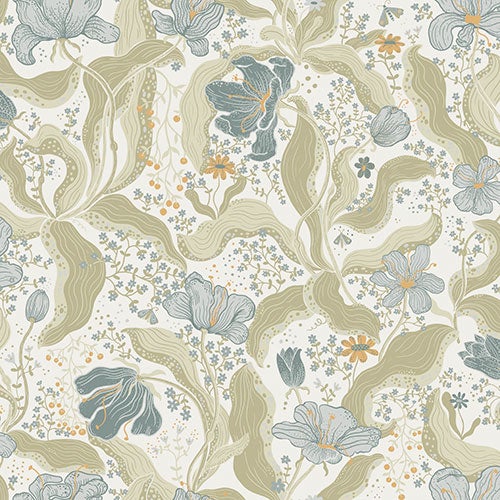 Bodri blommor och blad i blått och beige